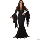 Underwraps Vampire Costume- Adult Woman, full-length black vampire dress with lace-up bodice and bell sleeves on a female model.