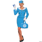 Underwraps Pan Am Stewardess Costume- Adult, a woman dressed in a vintage-style blue stewardess uniform with matching hat, holding a Pan Am carry-on bag and flight tickets.