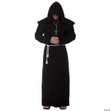 Underwraps Monk Robe Deluxe Black, a black priest costume with a hood, layered shoulder detail, and a rope waist cord, suitable for cosplay or costume events.