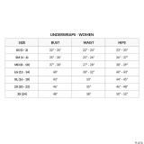 Underwraps Weird Science Costume - Adult, size chart for women's underwear with measurements for bust, waist, and hips.