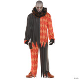 Underwraps Evil Clown Costume Adult, scary clown costume with a split black and orange harlequin pattern, oversized ruffled collar, and clown mask with sinister makeup including a wide grin, sharp teeth, and clown features.