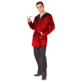 Fun World Smoking Velvet Robe Costume for Adults, Red velvet smoking robe with black trim, worn by a man holding a pipe, ideal for costumes and themed parties.