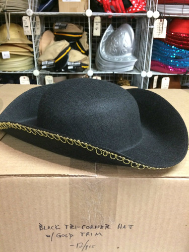 12pc Black Tricorner Hats w/ Gold Trim