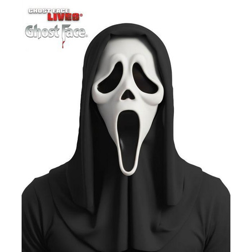 Fun World Ghost Face® Mask with Shroud, creepy ghost face mask with elongated mouth and black hooded shroud costume for Halloween or costume parties.