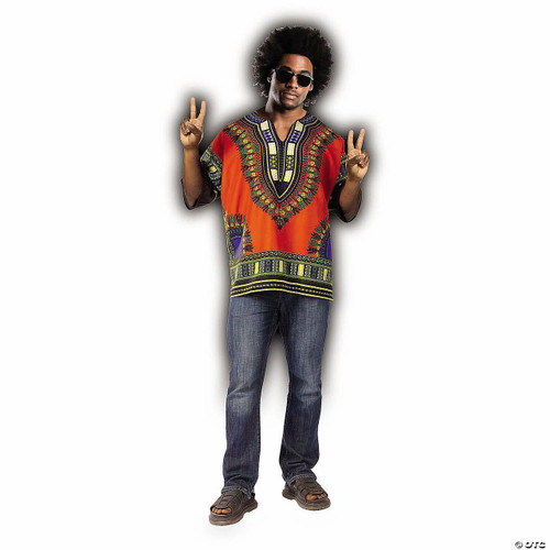 Fun World Dashiki Hippie Shirt Costume - One Size, a man wearing a colorful traditional dashiki shirt with intricate African print patterns, paired with jeans and brown sandals, making peace signs with both hands.