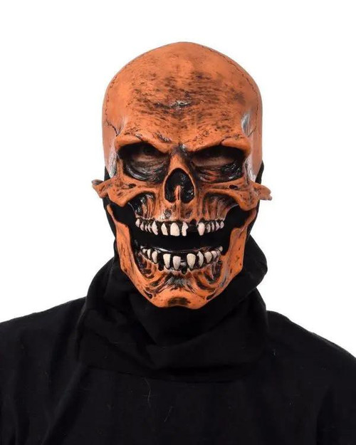 Zagone UV Orange Glow Sock Skull Mask, detailed orange skull mask with black accents and glowing features worn over a black hoodie.