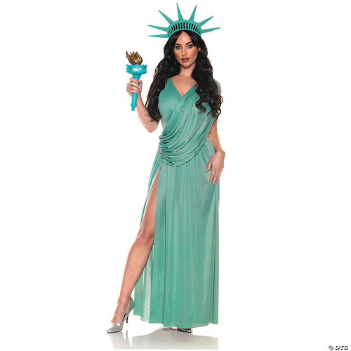 Underwraps Liberty Dress Costume with Crown - Adult, a woman dressed as the Statue of Liberty, wearing a turquoise gown, crown, and holding a torch prop.