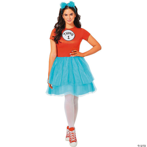 InSpirit Dr. Seuss™ Thing 1 or Thing 2 Dress Costume, a girl wearing a red top with a 'Thing 1' or 'Thing 2' badge, a light blue tutu, white tights, and red sneakers, with blue pom-pom headbands.