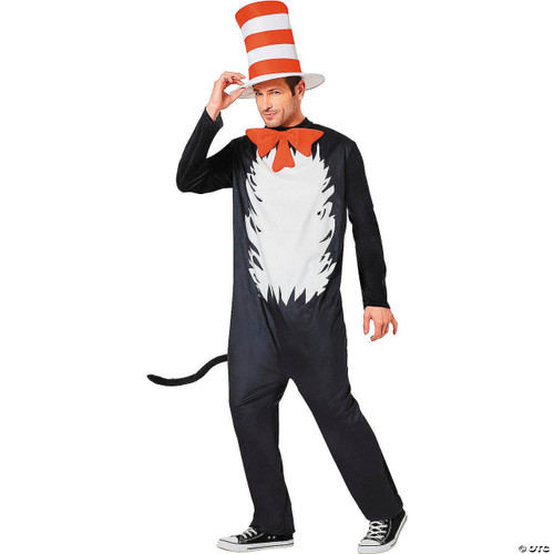 InSpirit Dr. Seuss™ The Cat in the Hat™ The Cat Jumpsuit Costume-Adult, a man wearing a black and white cat costume with a large white belly, orange bowtie, and a tall red and white striped hat.
