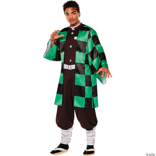 InSpirit Demon Slayer: Kimetsu no Yaiba™ Tanjiro Kamado Jumpsuit Costume, a full-body image of a person in a checkered green and black haori, with a black and white uniform underneath, brown pants, and traditional tabi socks, embodying Tanjiro Kamado's character from the anime series.