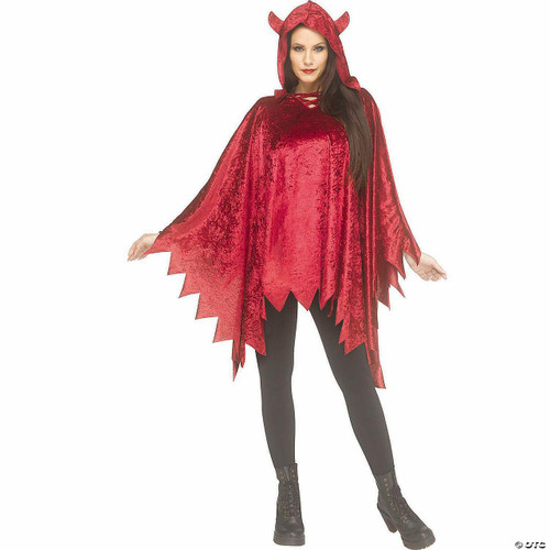 Fun World Devil Poncho Costume - One Size-Adult, woman in red devil-themed poncho with hood featuring devil horns and jagged edges, wearing black pants and combat boots.