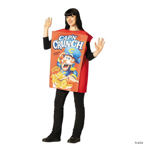 Rasta Imposta Cap'n Crunch™ Cereal Box Tunic Costume - One Size-Adult, person wearing a costume resembling a Cap'n Crunch cereal box with a cartoon character on the front, posing with waving hands.