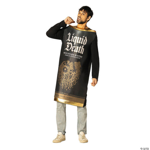 Rasta Imposta Liquid Death Mountain Water™ Sparkling Drinking Water Black Can Tunic Costume - One Size, person wearing a black tunic costume designed to look like a can of sparkling water with gold accents and graphic print.