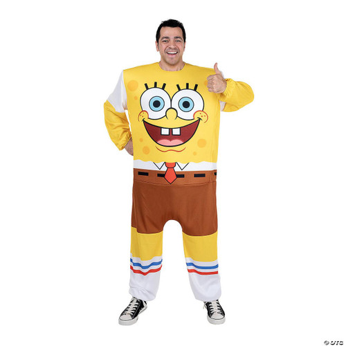 JazWares SpongeBob SquarePants™ SpongeBob Onesie Costume -Adult, a man wearing a full-body SpongeBob SquarePants themed onesie costume featuring SpongeBob's face, outfit, and vibrant colors.