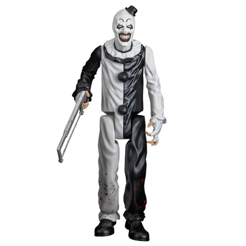 Trick or Treat Studios Terrifier – Art the Clown Vinyl Figure, life-sized horror collectible of the sinister clown with a white face, black and white costume, holding a weapon, and blood splatters on the pants.
