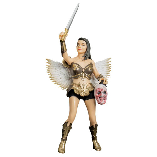 Trick or Treat Studios Terrifier 2 - Angel Warrior Sienna Shaw 5" Action Figure, a detailed collectible toy featuring a fierce warrior angel with white wings, a sword, a creepy smiling head, and armor in gold and black.