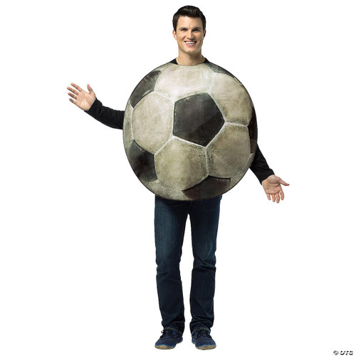 Rasta Imposta Soccer Ball Costume - Adult, large round costume resembling a soccer ball worn by a smiling man.