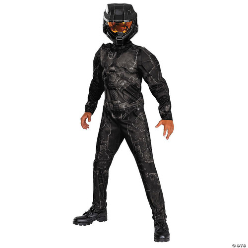 Disguise Halo™ Stealth Spartan Muscle Costume -Child, a black futuristic armor-themed costume with a helmet, designed for children to resemble a stealthy Spartan soldier from Halo video game series.