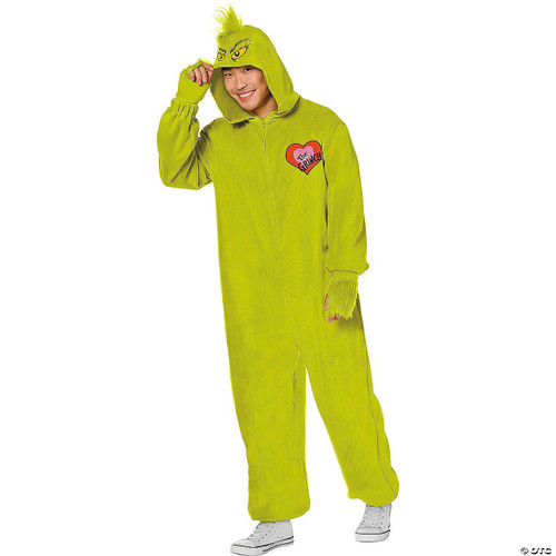 InSpirit Dr. Seuss™ How the Grinch Stole Christmas™ Grinch Jumpsuit Costume- Adult, a green plush jumpsuit with a hood featuring Grinch's face and furry cuffs, suitable for adult costume wear.