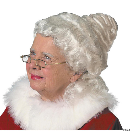 Halco Mrs. Claus Wig- Deluxe, white curly wig styled in an elegant bun, ideal for Christmas costumes, with a fluffy white collar visible.