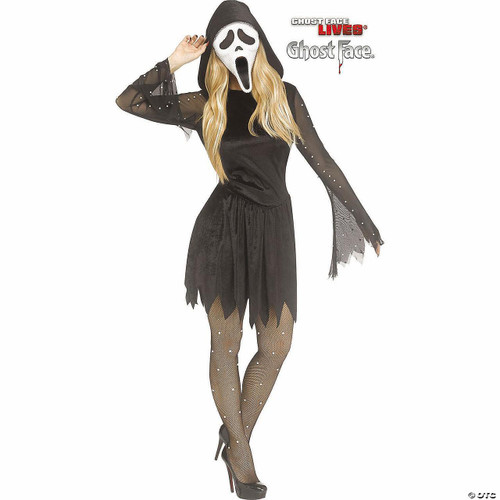 Fun World Ghost Face® Pearl Velour Dress Costume, a woman wearing a black velour dress with jagged hemline, sheer long sleeves with pearl embellishments, fishnet stockings with rhinestone accents, black high heels, and a ghost face mask with a hood.