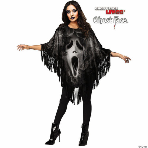 Fun World Ghost Face® Black Poncho Costume with Fringe, one size, featuring a black fringed cape with a Ghost Face print and a model wearing it for a Halloween or horror-themed costume look.
