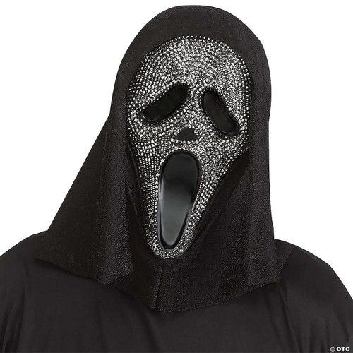 Fun World Scream Ghostface Mask with Crystal Stones, a spooky mask featuring a scream face with crystal stones embellishments and a black hood for Halloween or costume parties.