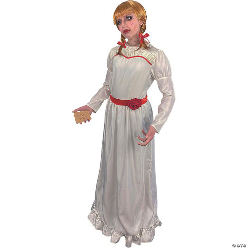 Trick or Treat Studios The Conjuring™ Annabelle Costume - Adult, adult woman in a white haunted doll costume from The Conjuring with long dress, red ribbons, and doll-like makeup.