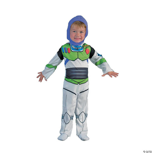 Disguise Buzz Lightyear Toy Story Costume-Child, a young boy dressed in a detailed Buzz Lightyear costume with a space helmet, posing with arms outstretched.