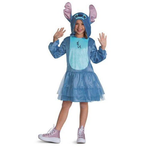 Disguise Lilo & Stitch Stitch Dress Disney's Costume for Child, girl dressed in blue Stitch costume with large ears and hood, smiling and waving.