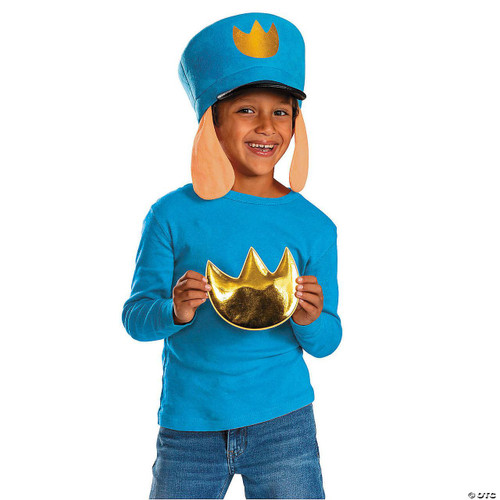 Disguise Dog Man™ Dog Man Costume Kit - Child, a young boy wearing a blue costume with a Dog Man hat featuring floppy ears and a crown emblem, holding a gold-colored crown-shaped plate, smiling.