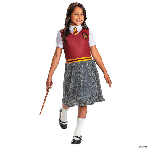 Disguise Harry Potter™ Gryffindor Dress Costume, young girl wearing a Gryffindor house dress with a white shirt, striped tie, gray skirt, and Hogwarts crest patch for kids cosplay