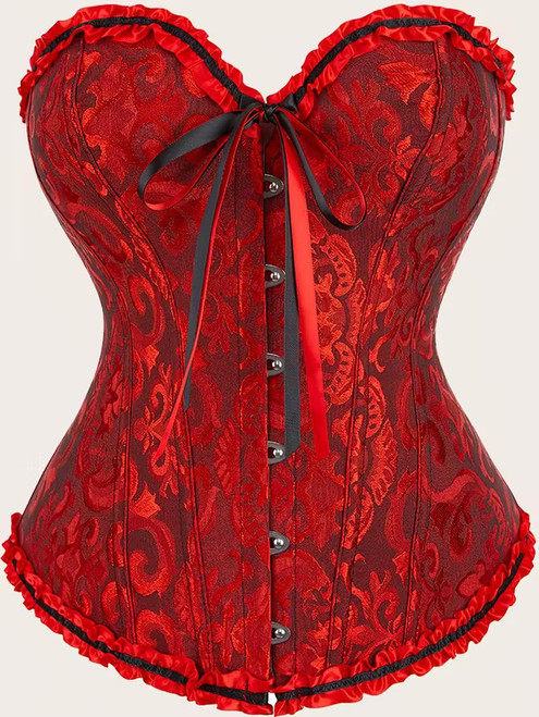 Fantasy Costumes Corset Satin Red, detailed view of a red satin corset with black and red lace overlay, ruffled edges, and front button closure with black and red ribbons