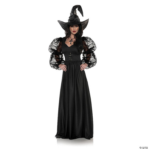 Underwraps Spider Web Mistress Black Lace Front Dress with Witch Hat Costume-Adult, a woman wearing a black lace front dress with spider web details on the sleeves and a matching witch hat, suitable for Halloween or costume parties.