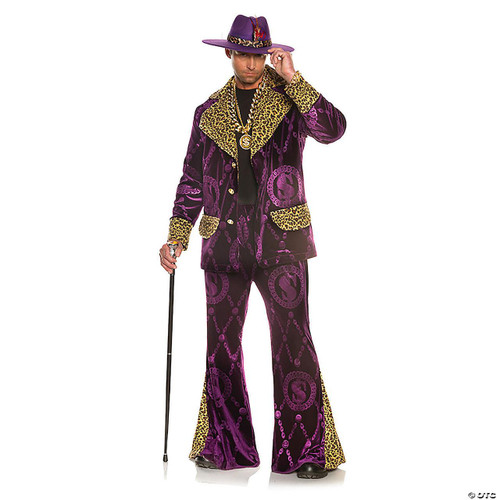 Underwraps Big Player Velvet Fur-Trimmed Jacket with Bell Bottom Pants & Hat - Adult, a man wearing a vibrant purple velvet jacket with leopard print accents, matching bell-bottom pants, and a large purple hat with leopard trim, accessorized with gold chains and holding a walking cane.
