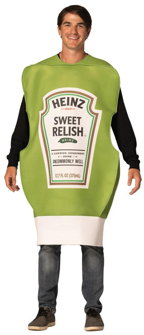 Rasta Imposta Relish Squeeze Bottle Heinz™ Costume - Adult, male wearing a humorous costume resembling a Heinz relish squeeze bottle with green and white colors and Heinz branding.