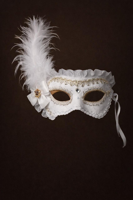Fantasy Costumes Masquerade Mask Brocade W/ Gold Trim, ornate white masquerade mask with gold detailing, feathers, and ribbon ties.
