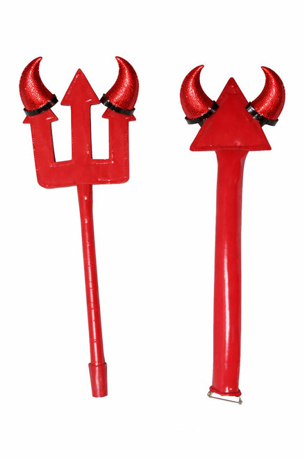 Fantasy Costumes Devil Set - Mini Pitchfork, Tail and Horns, red devil costume accessories with glittery horns, tail, and pitchfork for Halloween or costume parties.