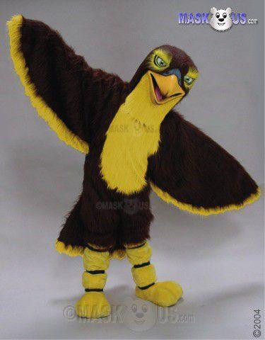 Mask US Hawk or Falcon Mascot Costume, a bird mascot costume featuring a brown body with yellow accents, large wings, and a friendly bird face with a yellow beak and expressive eyes.