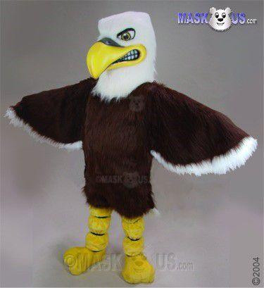 Mask US Fierce Eagle Mascot Costume, a detailed eagle mascot suit with a large yellow beak, fierce eyes, white feathers around the neck, and brown and yellow body feathers.