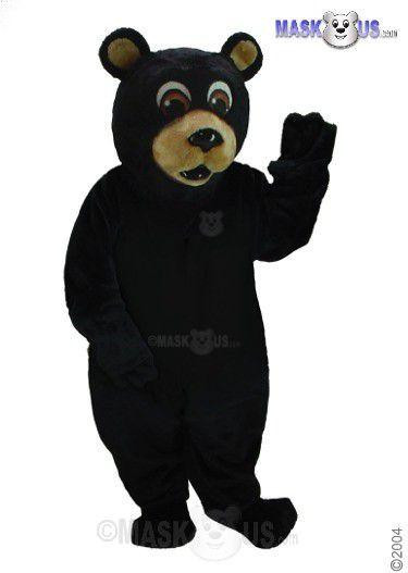 Mask US Black Bear Mascot Costume, a full-body black bear mascot suit with a friendly bear face, large eyes, and a bear paw logo on the chest, designed for purchase.