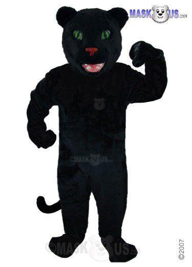 Mask US Panther Mascot friendly Costume, a black panther mascot costume with green eyes, a red nose, and a friendly smile, designed for purchase.