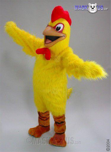 Mask US Chicken Mascot Costume Yellow, a colorful chicken mascot costume with a red comb, red wattles, and brown chicken feet, ideal for promotional events or performances.