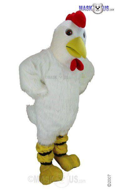 Mask US White Hen Mascot Costume, a plush chicken costume with a white body, yellow beak, red comb, and yellow feet, designed for purchase.