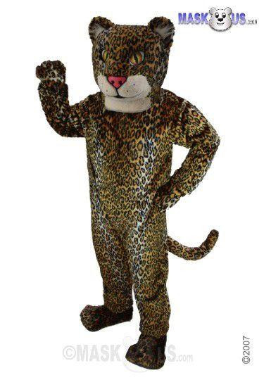 Mask US Jaguar Cub Mascot Costume, full-body leopard print costume with a friendly jaguar cub mascot head, standing with one arm raised in a waving gesture.