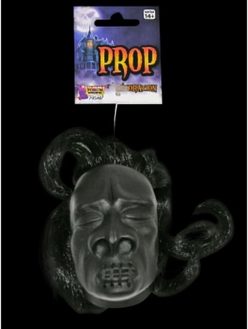 Forum Shrunken Head Haunted House Halloween 3" Decoration Prop, Black, featuring a spooky, detailed shrunken head with snake-like hair for Halloween decoration.