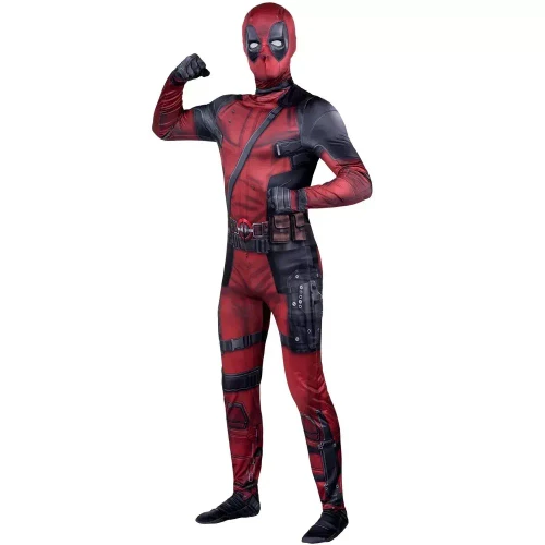 JazWares Deadpool Zentai Suit Marvel Costume - Adult, red and black Deadpool themed bodysuit with detailed printed design, masks, and tactical accessories for cosplay or costume party.