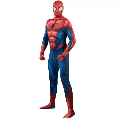 JazWares Spider-Man Classic Zentai Costume, adult superhero costume modeled by a person standing in a Spider-Man suit with red and blue design, web pattern, and mask.
