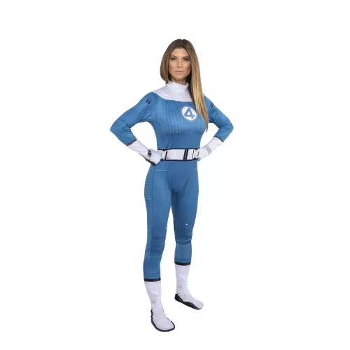 JazWares Fantastic Four Marvel Costume Jumpsuit - Adult, blue and white superhero jumpsuit with the number 4 emblem on the chest, featuring a high collar, and designed for adult fans.