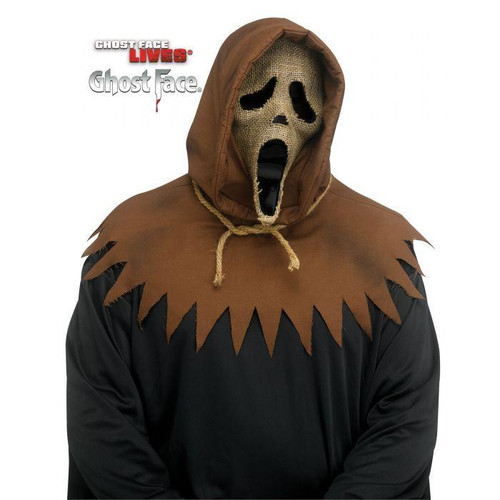 Fun World Ghost Face® Scarecrow Mask, scary scarecrow costume with burlap face mask featuring black eye and mouth cutouts and a brown hood and black attire.